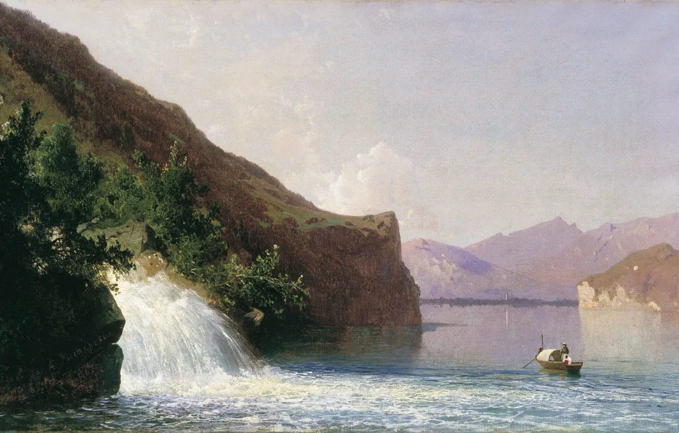Фото обои горы, лодка, масло, Водопад, холст, 1867, Арсений МЕЩЕРСКИЙ