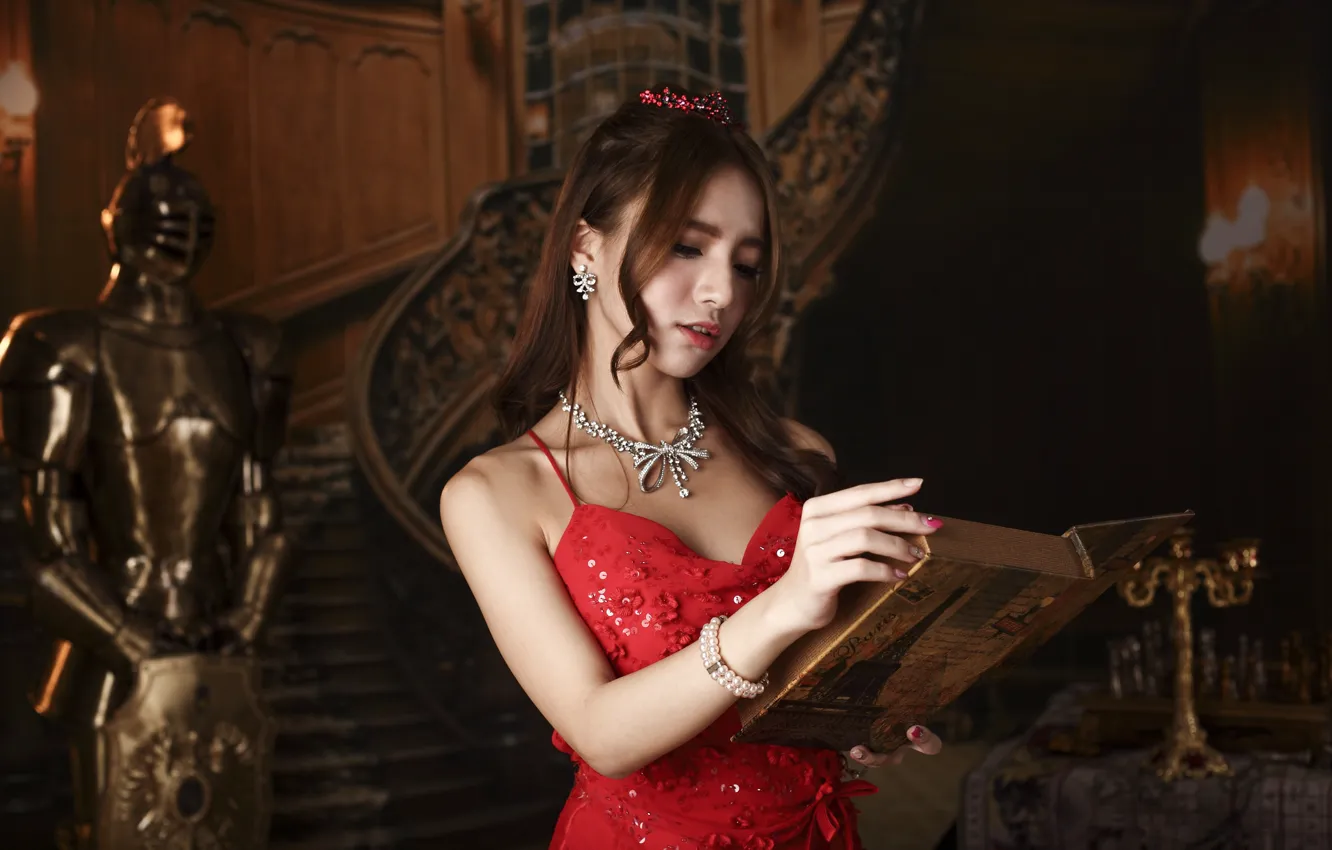 Фото обои девушка, лицо, стиль, красное, макияж, платье, книга, азиатка