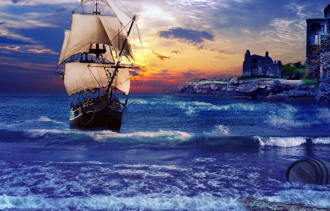 Фото обои fantasy, ghost, sea, ship, boat, sailboats