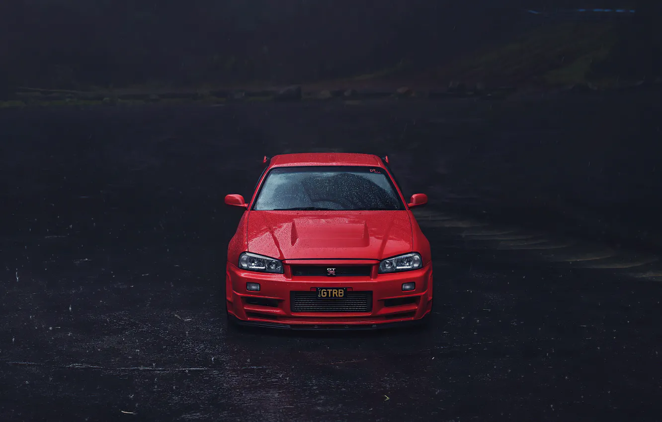 Фото обои red, road, rain, skyline, r34, asphalt, Nissan GTR, Nissan GTR R34