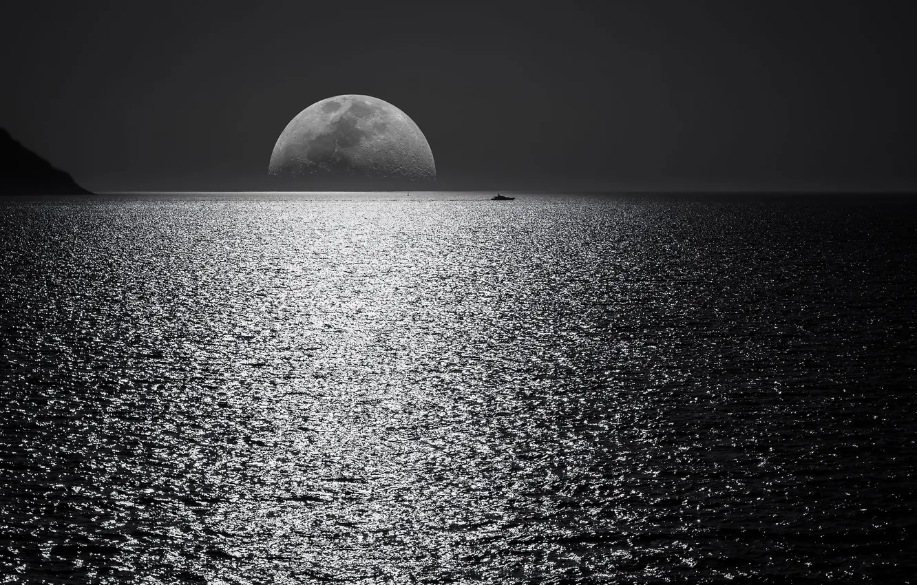 Фото обои Moon, fluid, sky, style, water, liquid, black and white, atmosphere