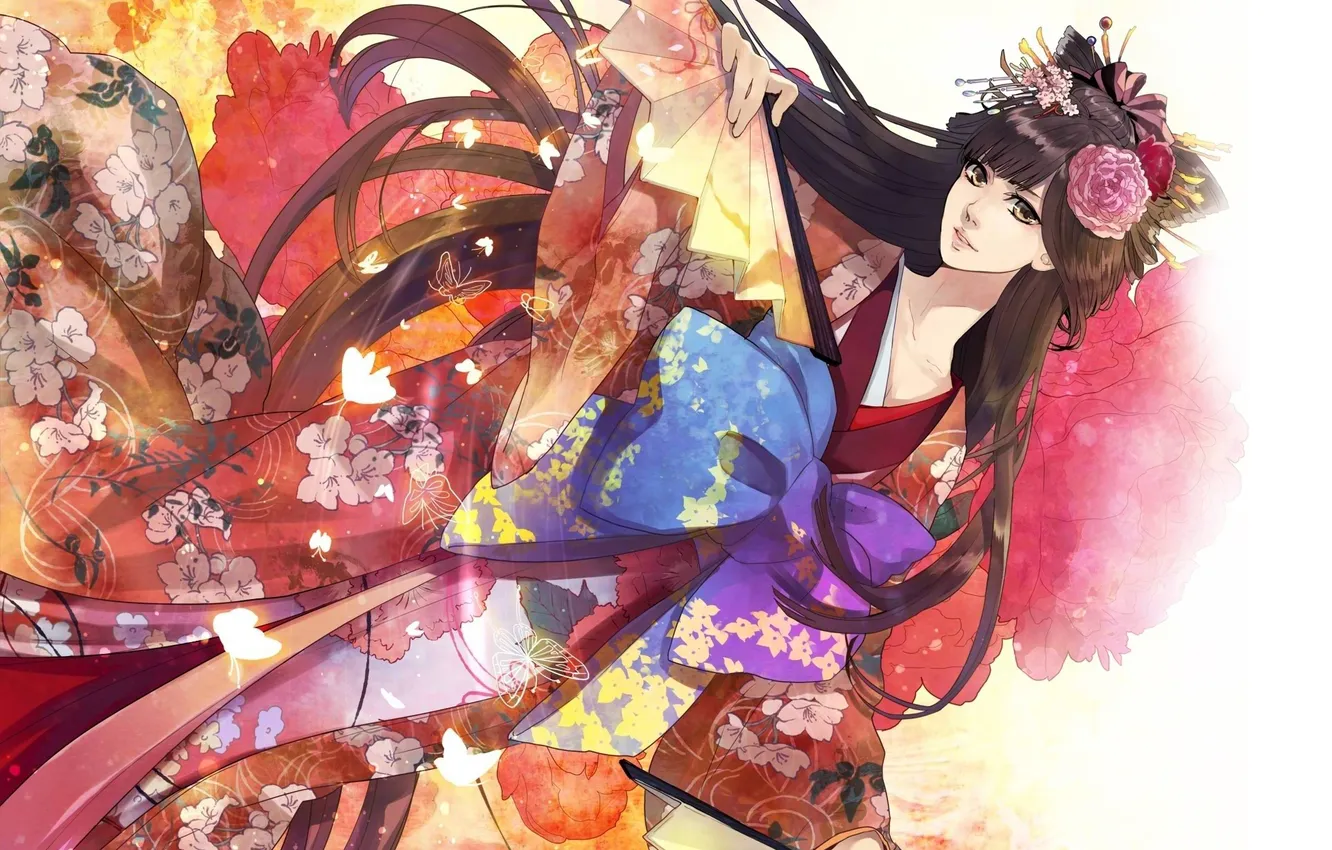 Фото обои девушка, бабочки, цветы, веер, арт, кимоно, бант, заколки