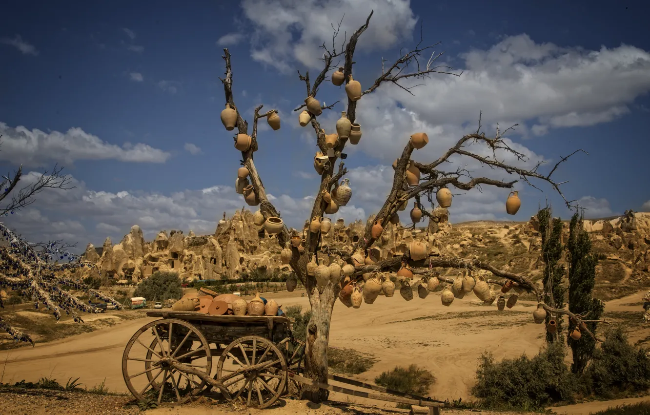 Фото обои sky, nature, hills, ancient, Cappadocia, cart, jugs, Kide FotoArt