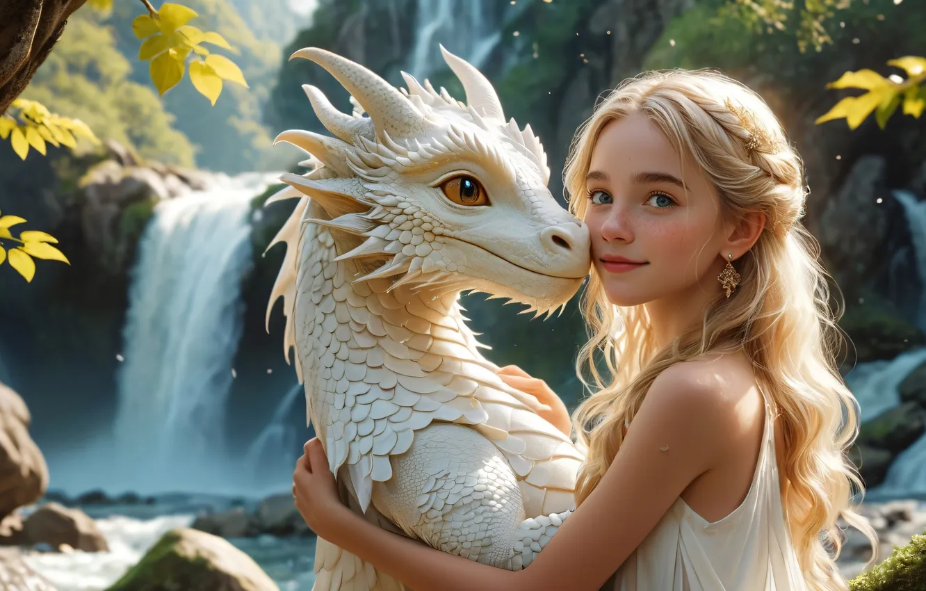 Фото обои girl, fantasy, dragon, AI art
