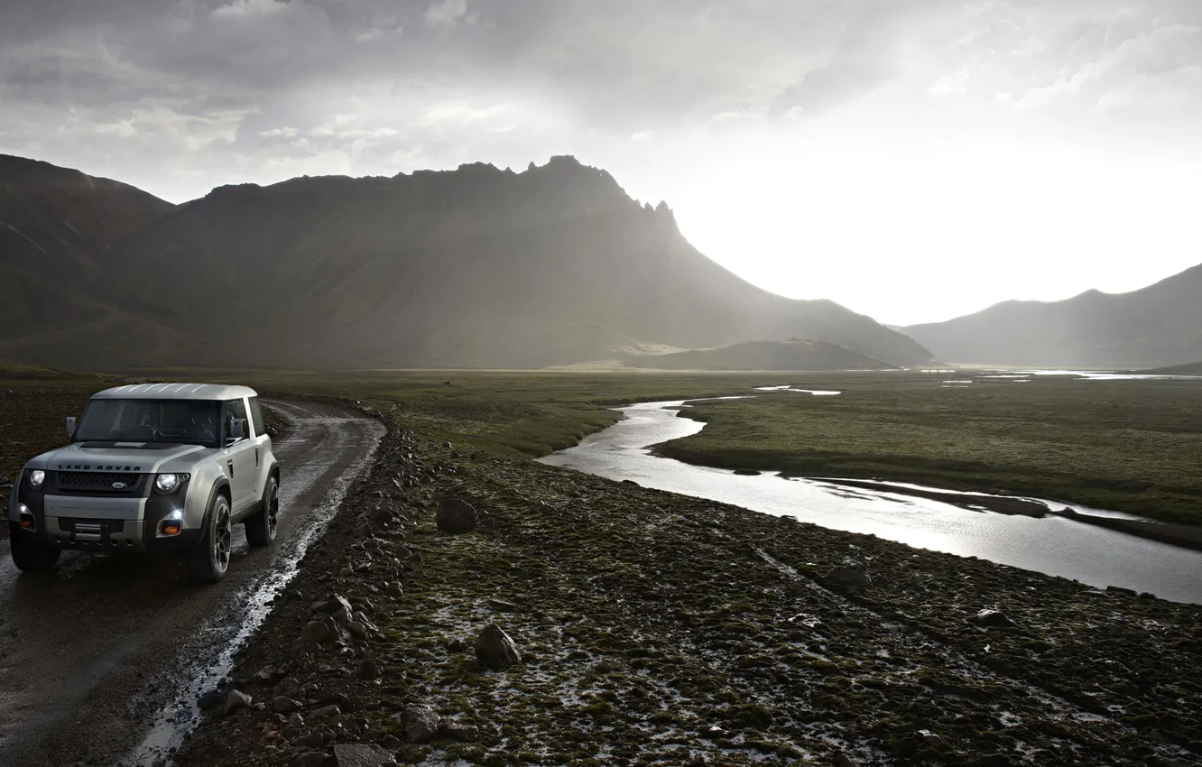 Фото обои дорога, пейзаж, горы, ручей, Land Rover, DC100