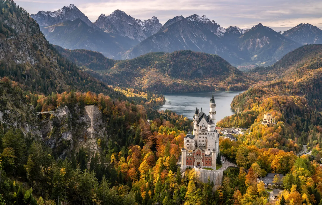 Фото обои осень, лес, горы, озеро, замок, холмы, Германия, Бавария