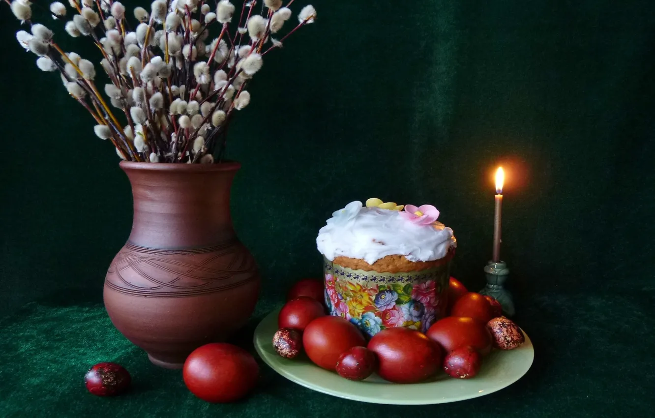 Фото обои огонь, свеча, яйца, тарелка, пасха, ваза, кулич, верба