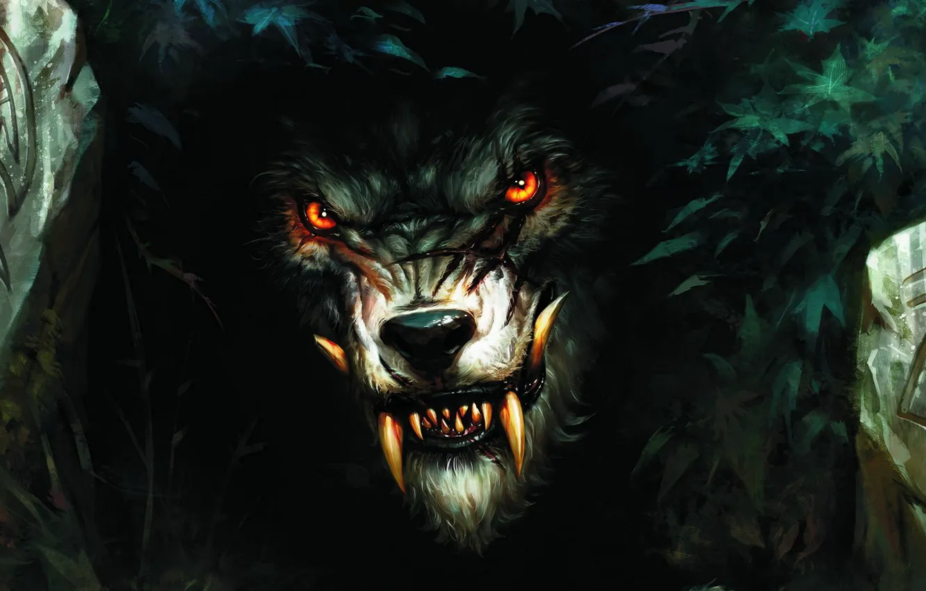 Фото обои волк, зубы, оборотень, кусты