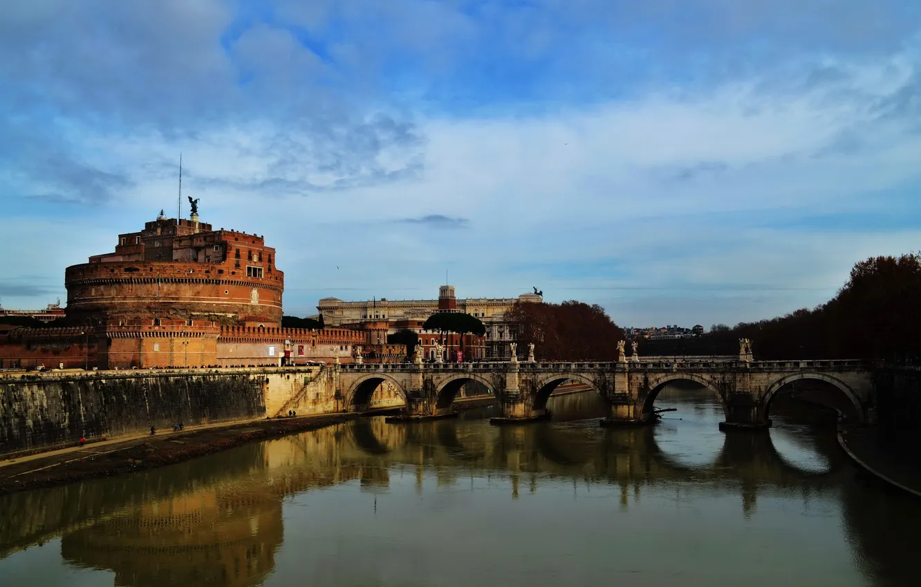Фото обои небо, мост, город, река, фото, Италия, Rome, Tiber