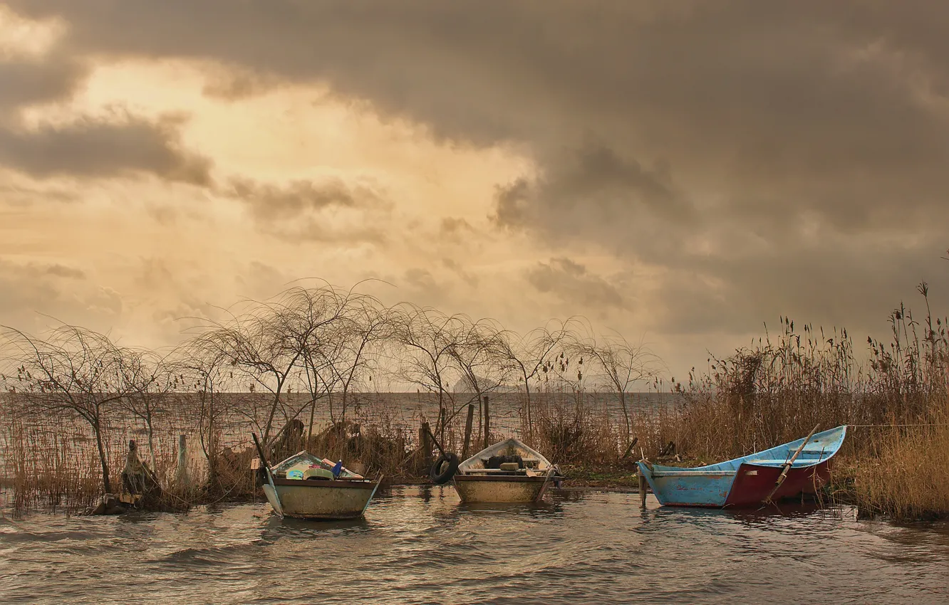 Фото обои storm, lake, boats
