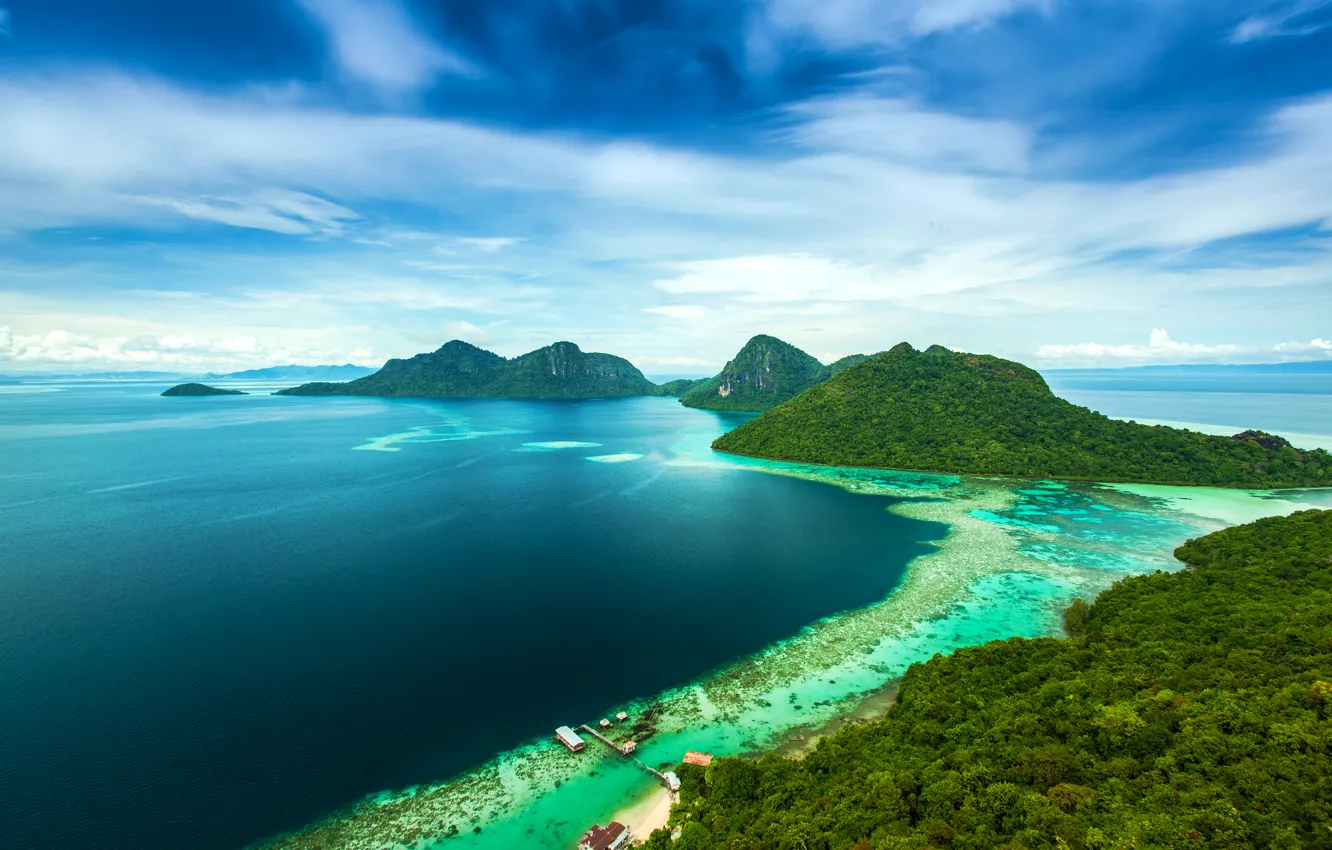Фото обои море, горы, тропики, побережье, остров, Малайзия, Bohey Dulang Island
