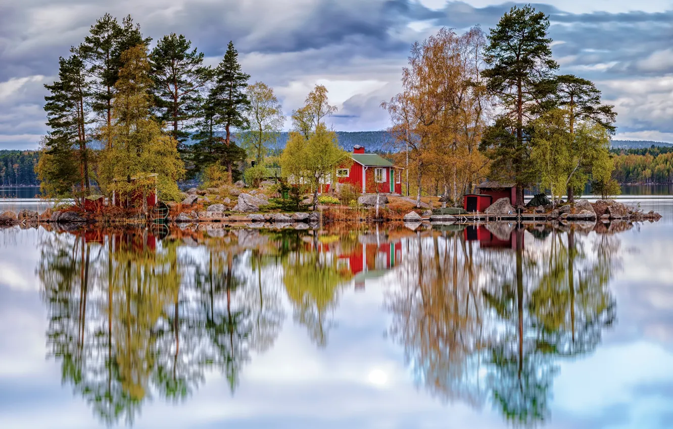 Фото обои озеро, дом, отражение, Швеция