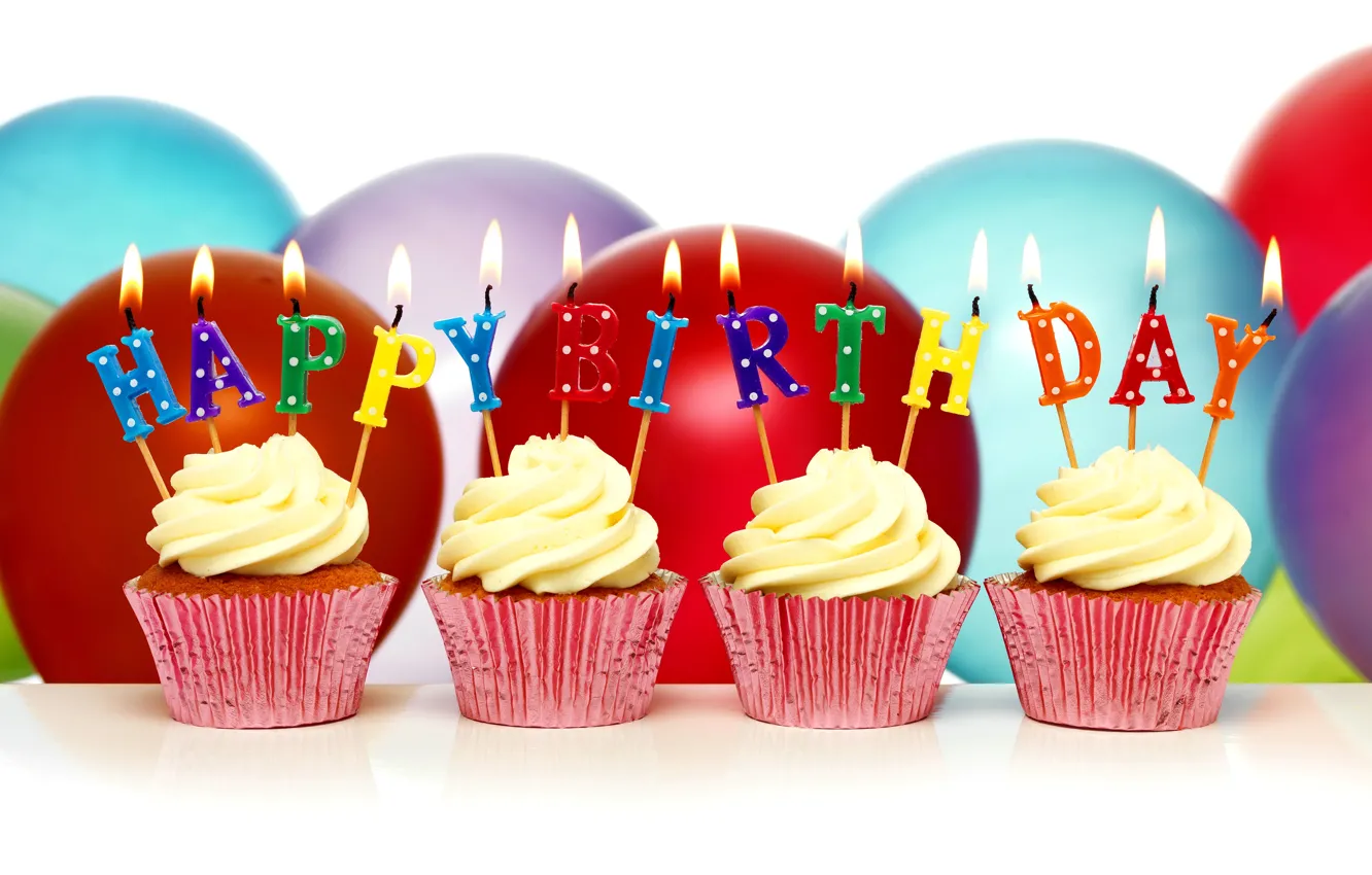 Фото обои шары, свечи, Happy Birthday, cupcake, кексы, День Рождения