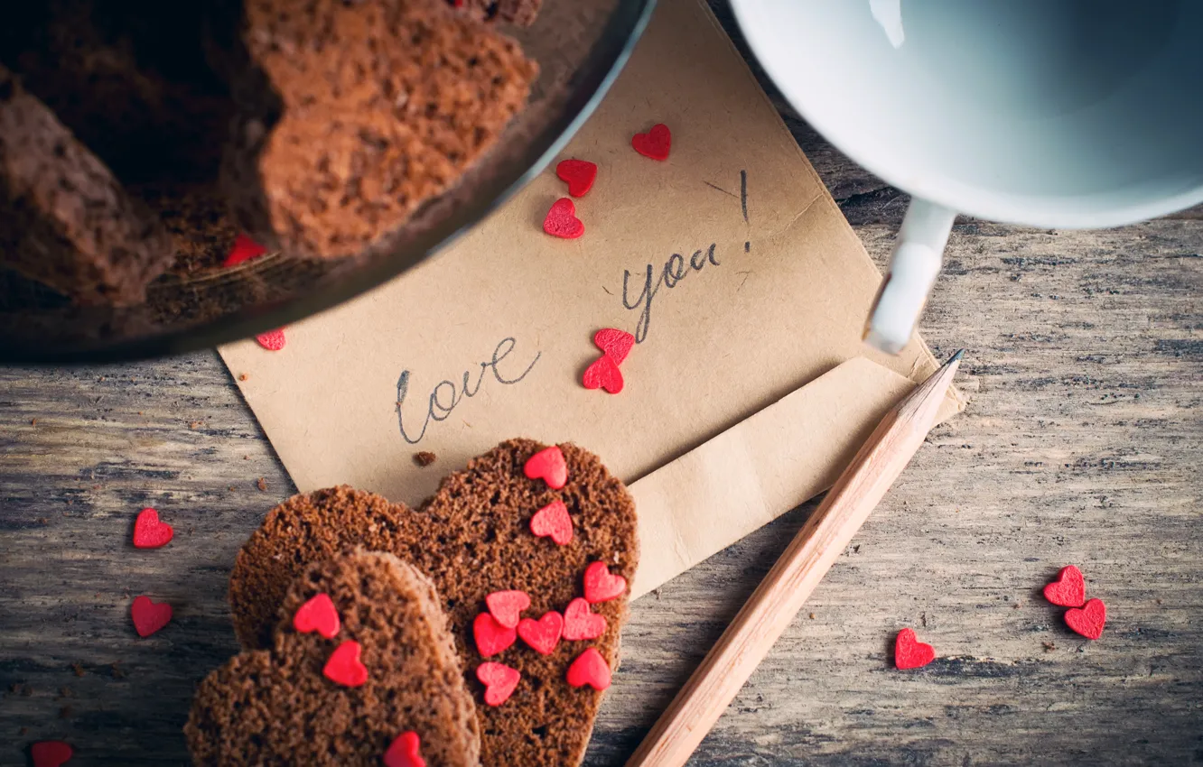 Фото обои надпись, сердце, печенье, чашка, сердечки, карандаш, выпечка, конверт