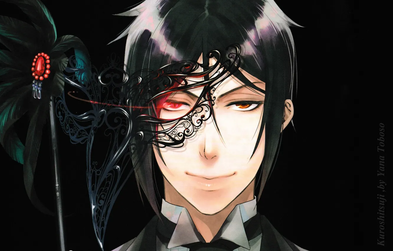 Фото обои демон, маска, красные глаза, Темный дворецкий, в темноте, черный костюм, Kuroshitsuji, Sebastian Michaelis