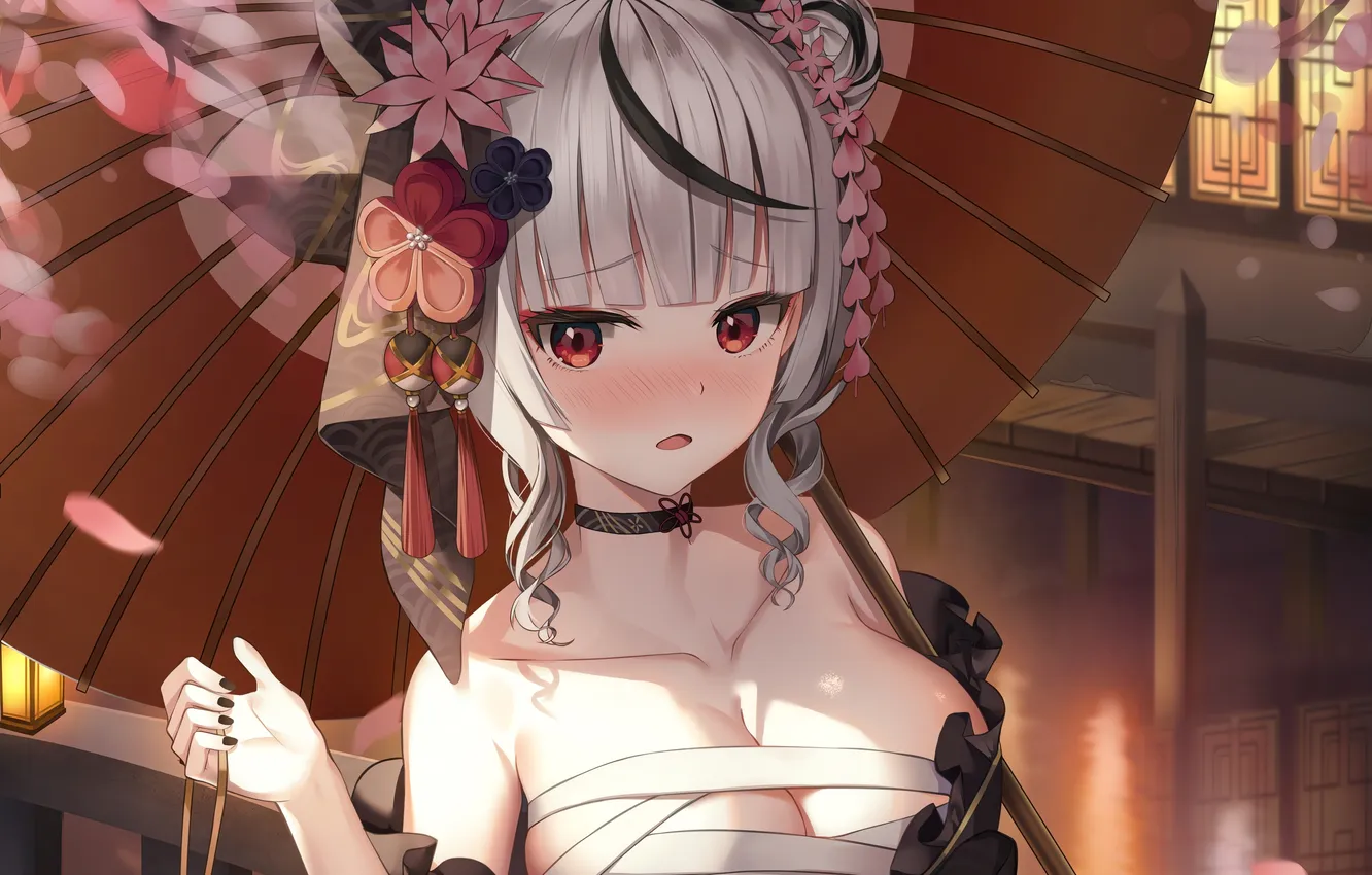 Фото обои girl, sexy, yukata, cleavage, long hair, dress, boobs, umbrella
