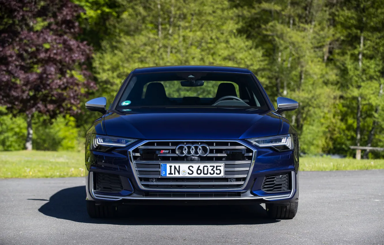 Фото обои Audi, седан, вид спереди, тёмно-синий, Audi A6, 2019, Audi S6