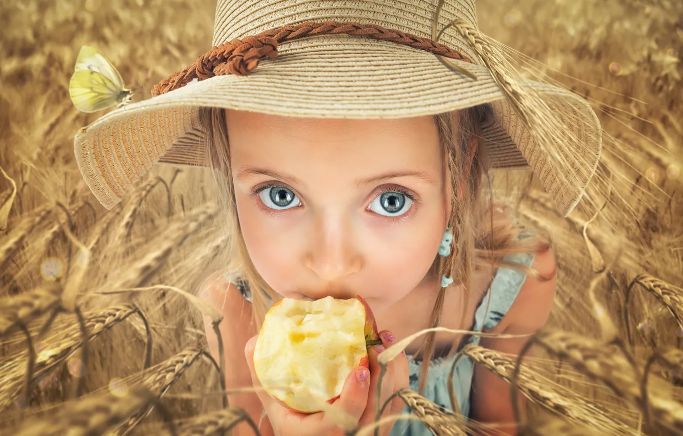 Фото обои поле, взгляд, яблоко, шляпа, девочка, колосья