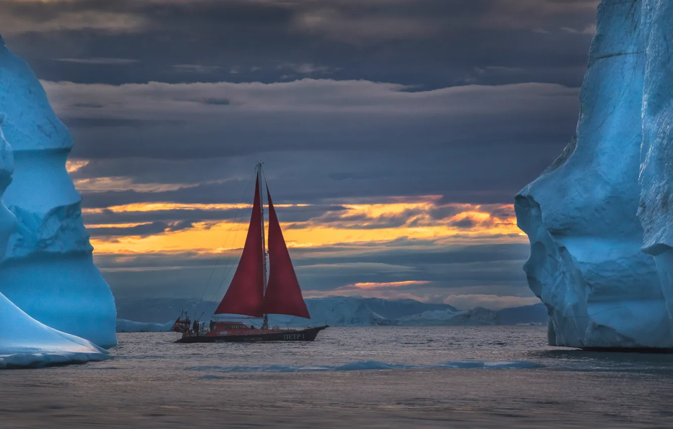 Фото обои море, яхта, айсберги, алые паруса, Гренландия, Greenland, залив Диско, Disko Bay