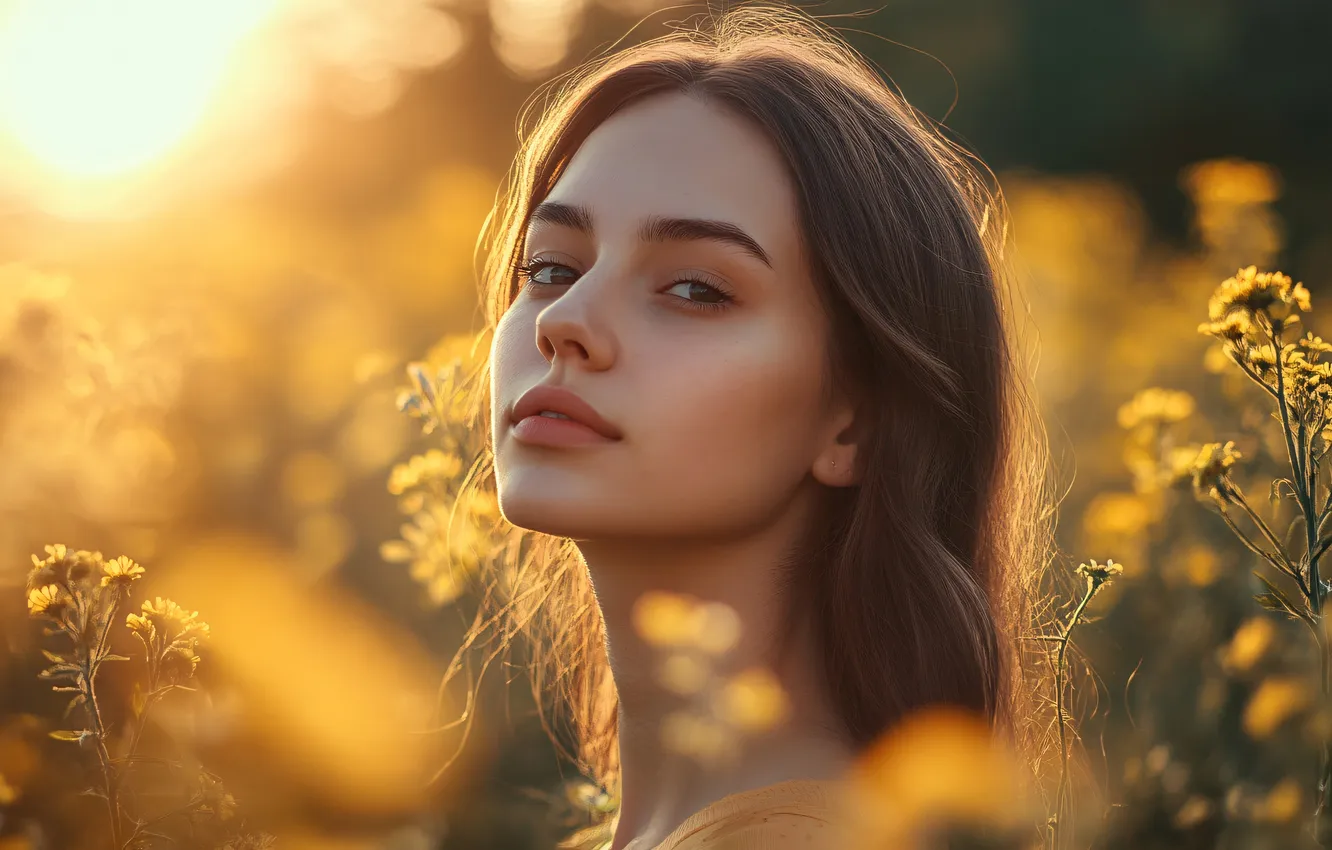 Фото обои лето, взгляд, девушка, солнце, свет, цветы, природа, лицо