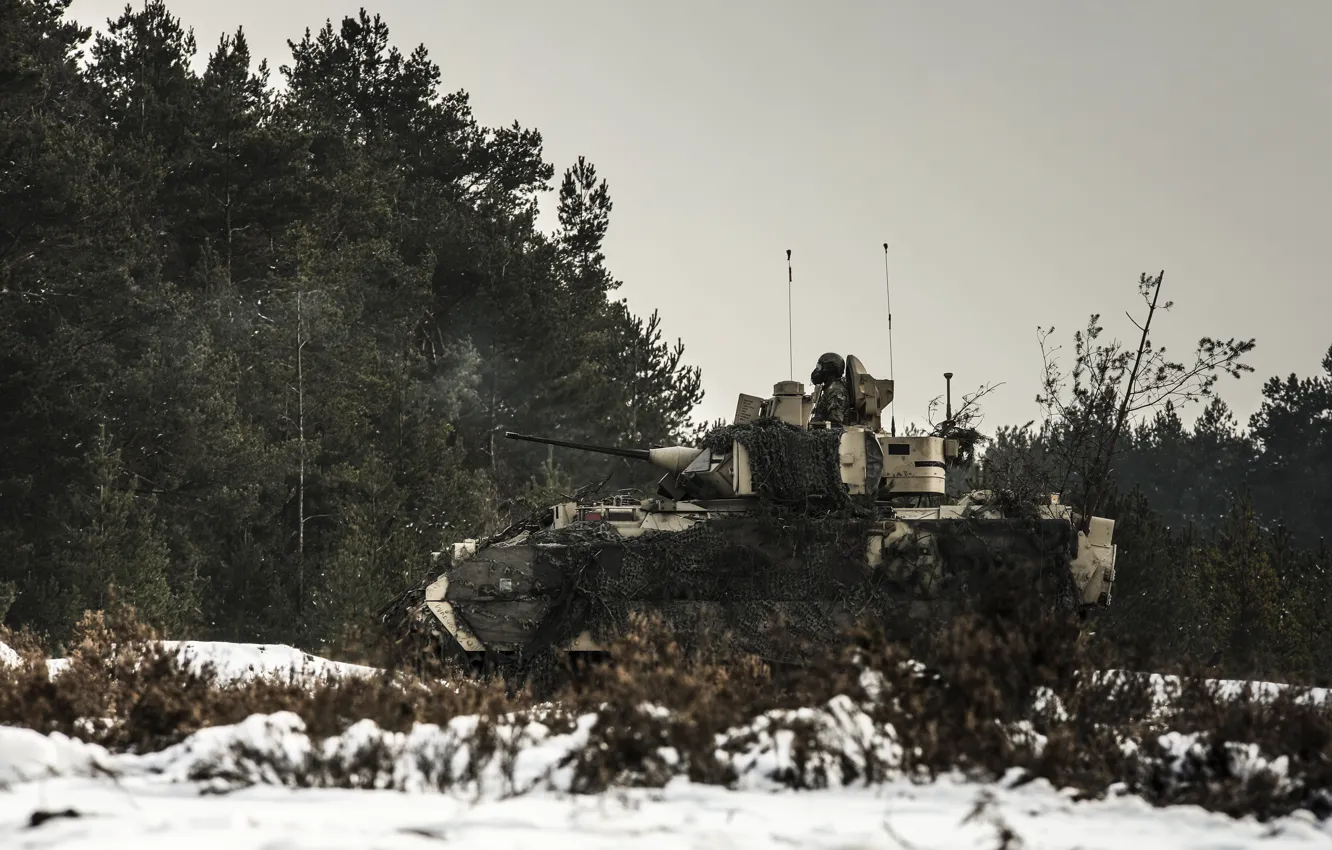 Фото обои зима, машина, лес, боевой, пехоты, M3 Bradley