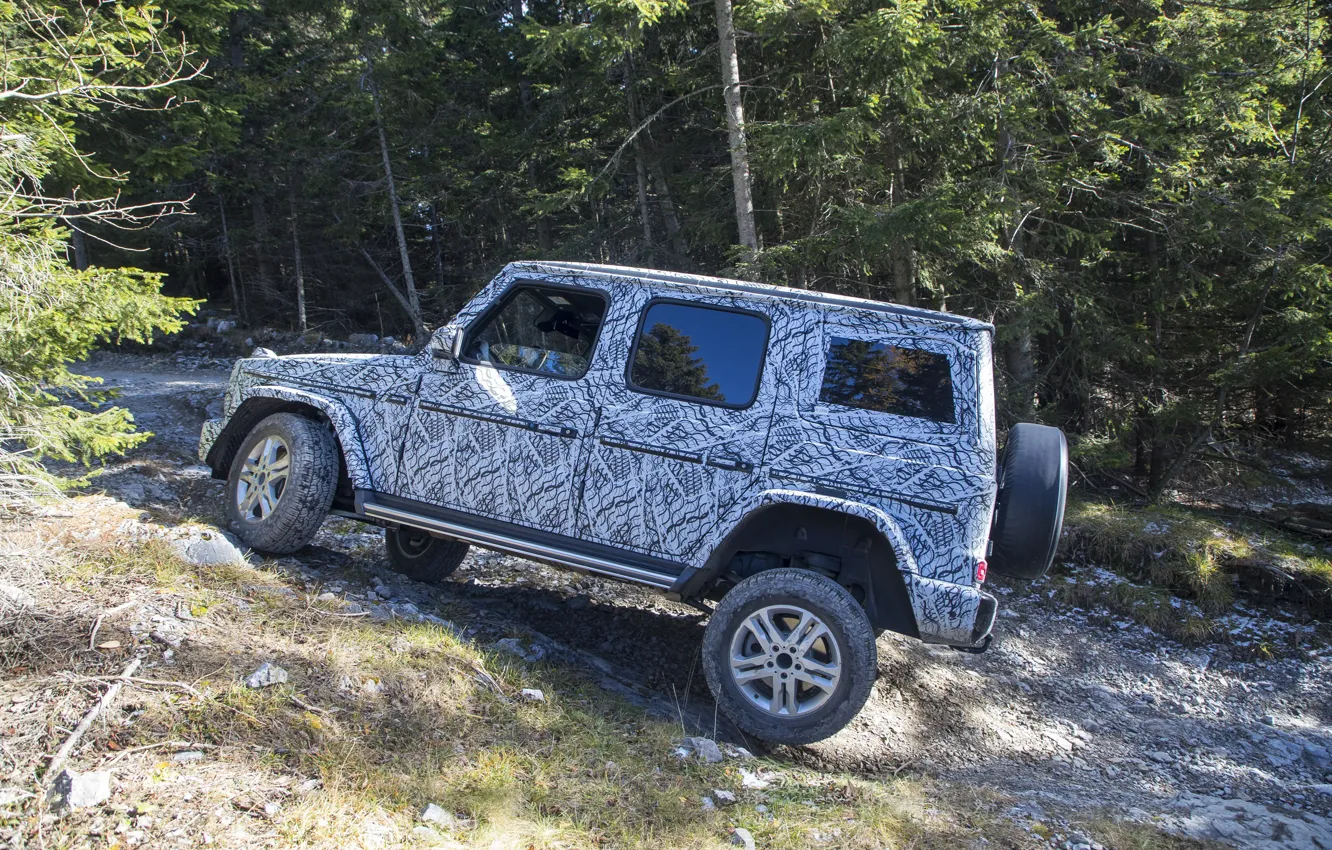 Фото обои горы, Mercedes-Benz, внедорожник, маскировка, подъём, подвеска, 2018, G-Class