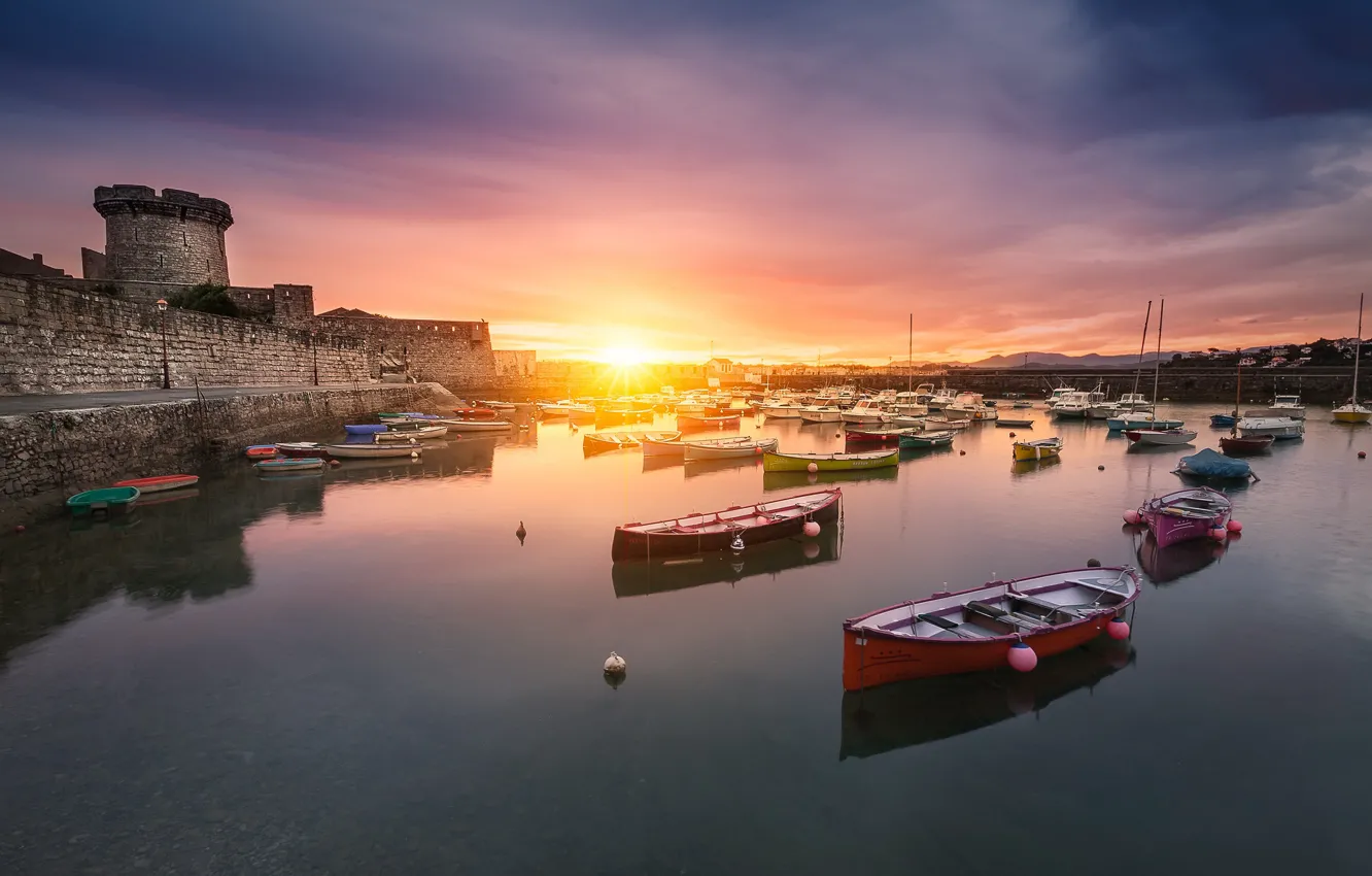 Фото обои закат, Франция, лодки, гавань, Saint-Jean-de-Luz, Сен-Жан-де-Люз