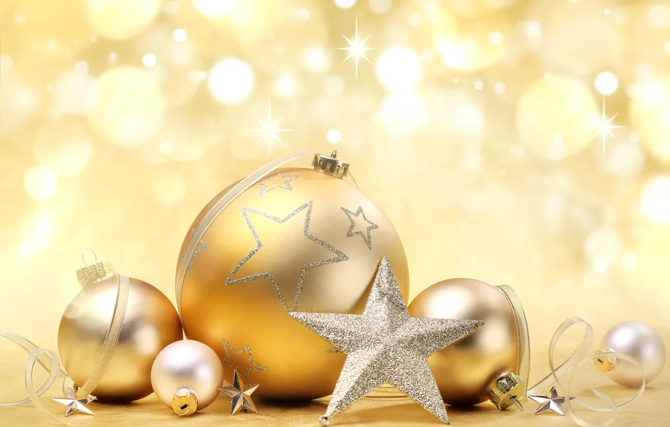 Фото обои шарики, украшения, блики, шары, игрушки, звезда, Новый Год, Рождество