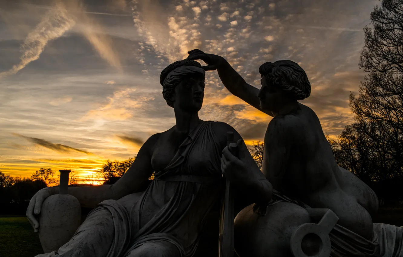 Фото обои Clouds, Sky, Sun, Sunset, Stuttgart, Statues, Rosenstein Museum