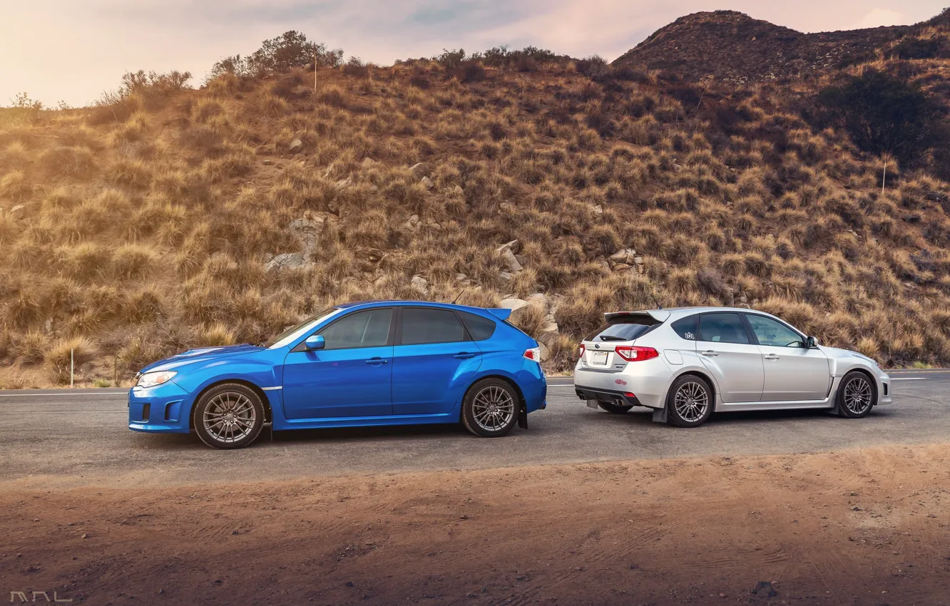 Фото обои две, Subaru, Impreza, WRX, серая, STI, синя
