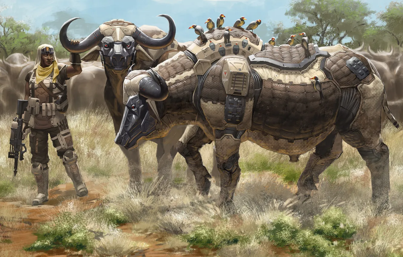 Фото обои роботы, арт, солдат, буйволы