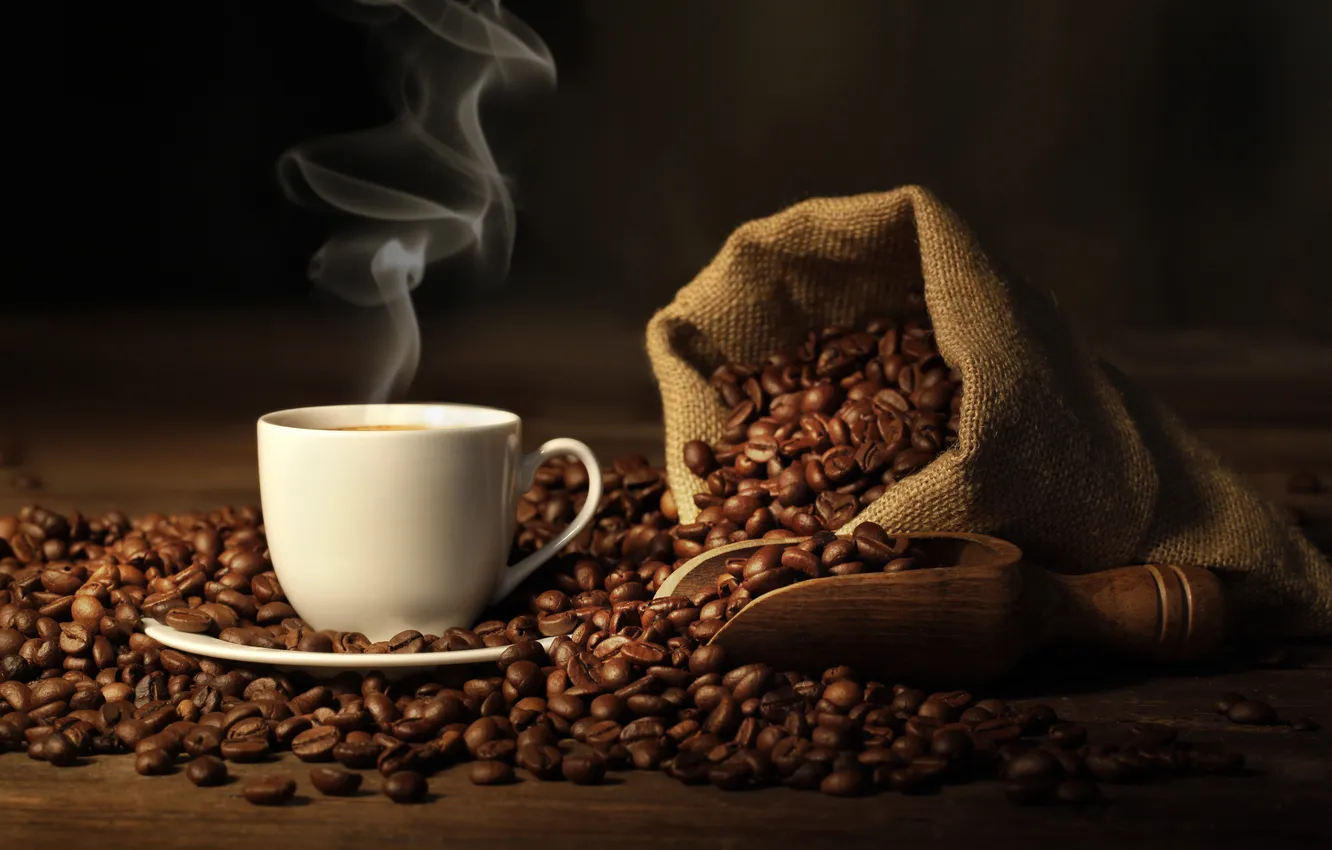 Фото обои кофе, чашка, мешок, кофейные зерна, coffee, spoon, Cup, bag