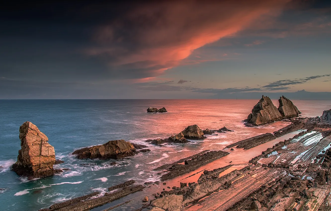 Фото обои пейзаж, океан, скалы, рассвет, горизонт