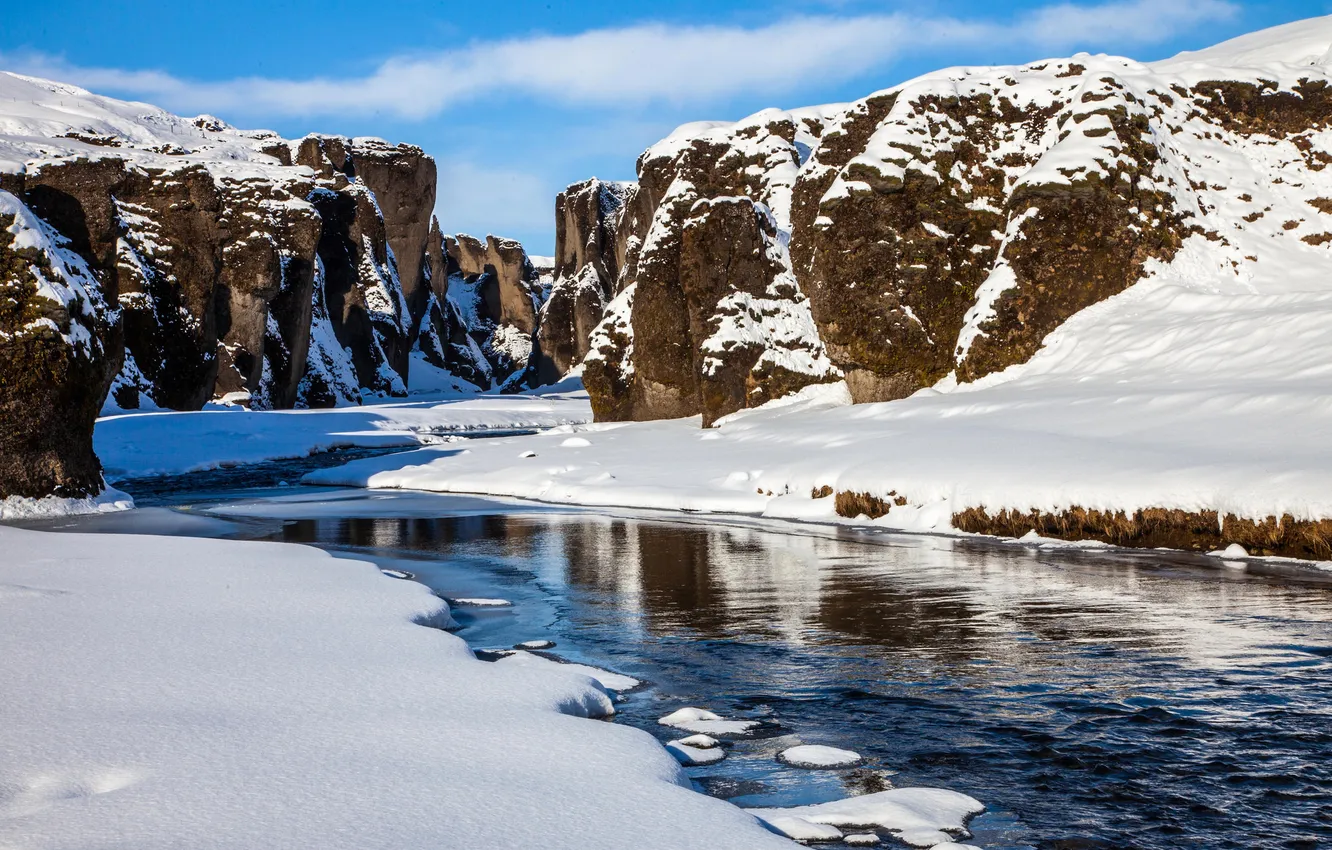 Фото обои зима, снег, река, скалы, Исландия