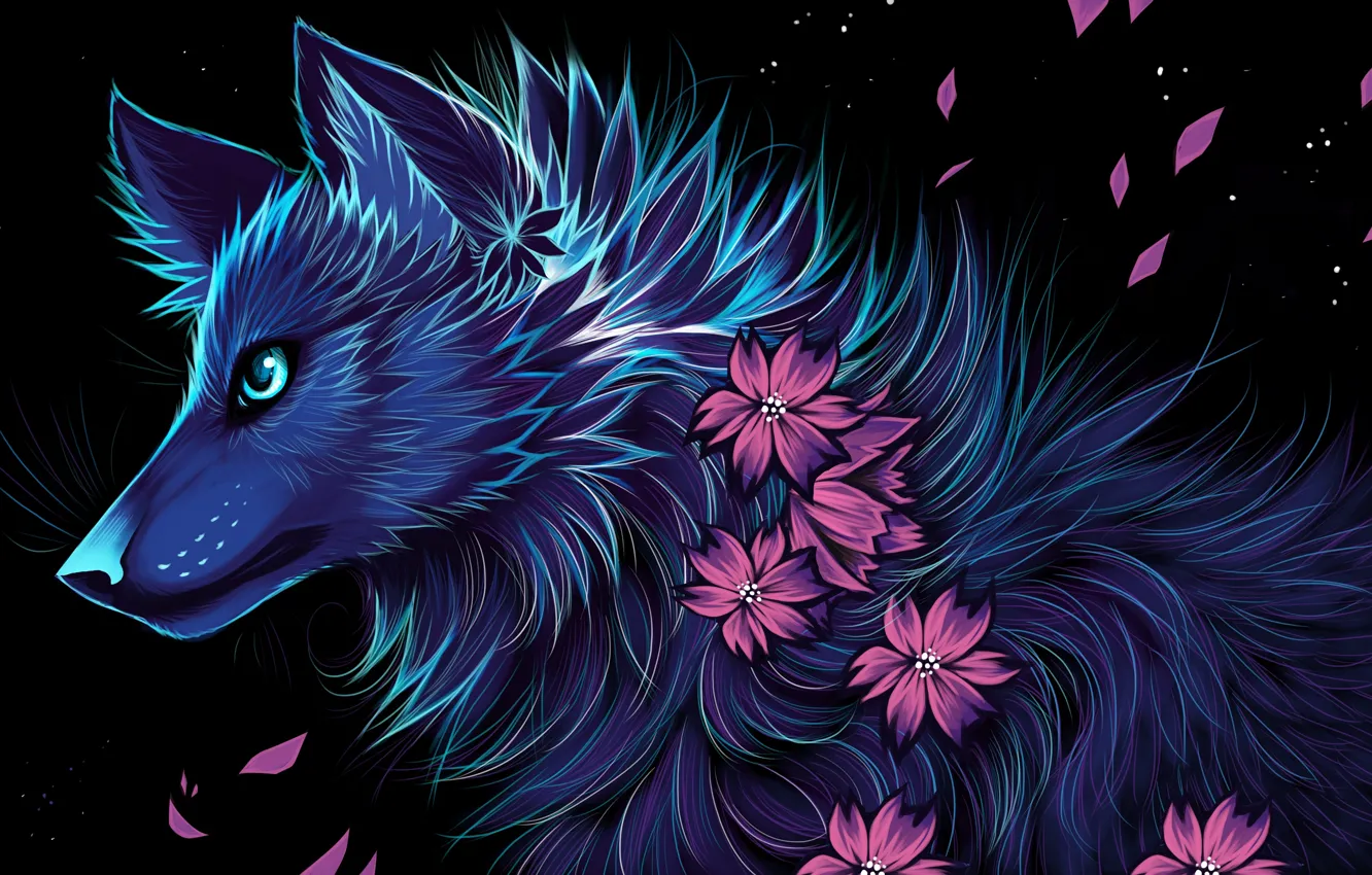 Фото обои цветы, ночь, волк, myarukawolf, by myarukawolf