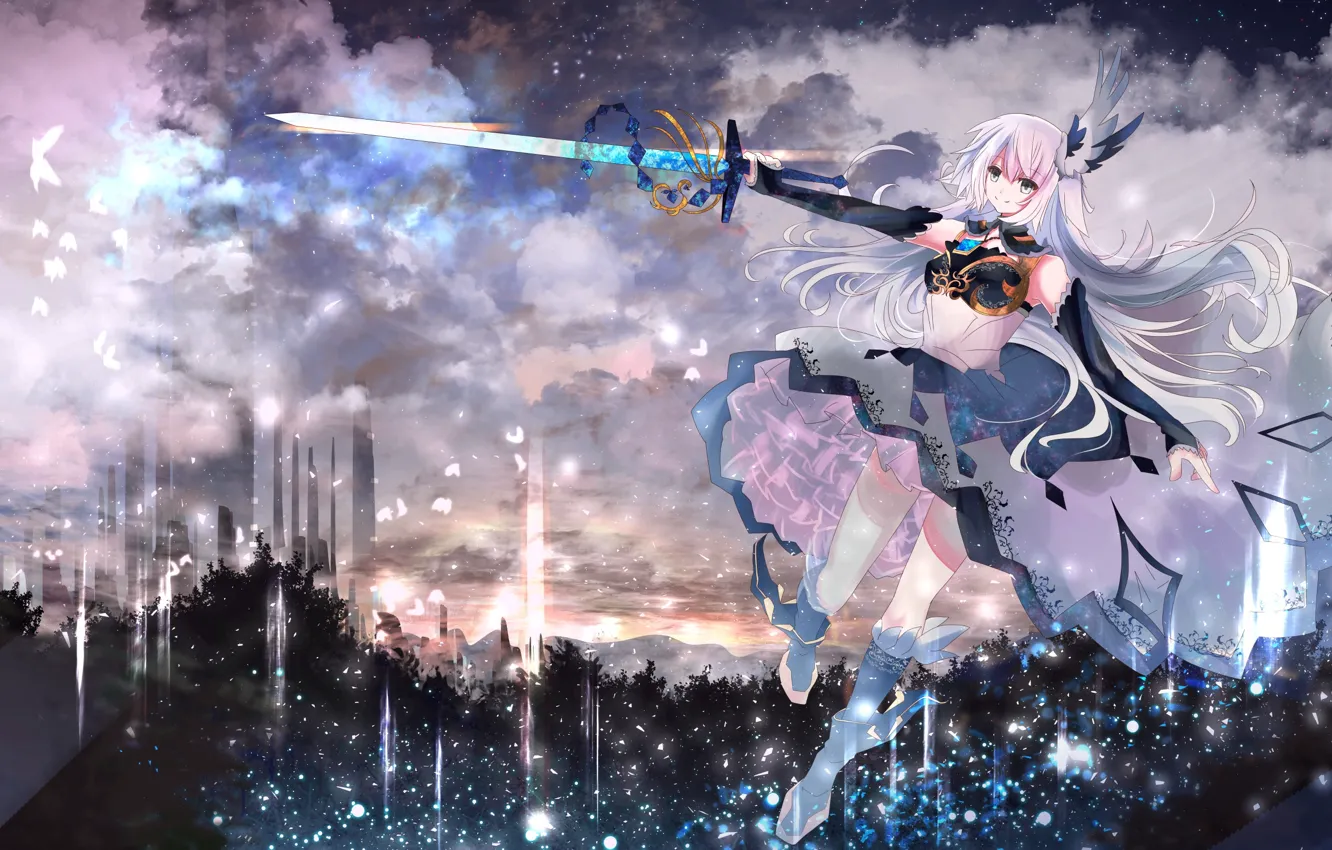 Фото обои девушка, облака, меч, аниме, tagme (artist)