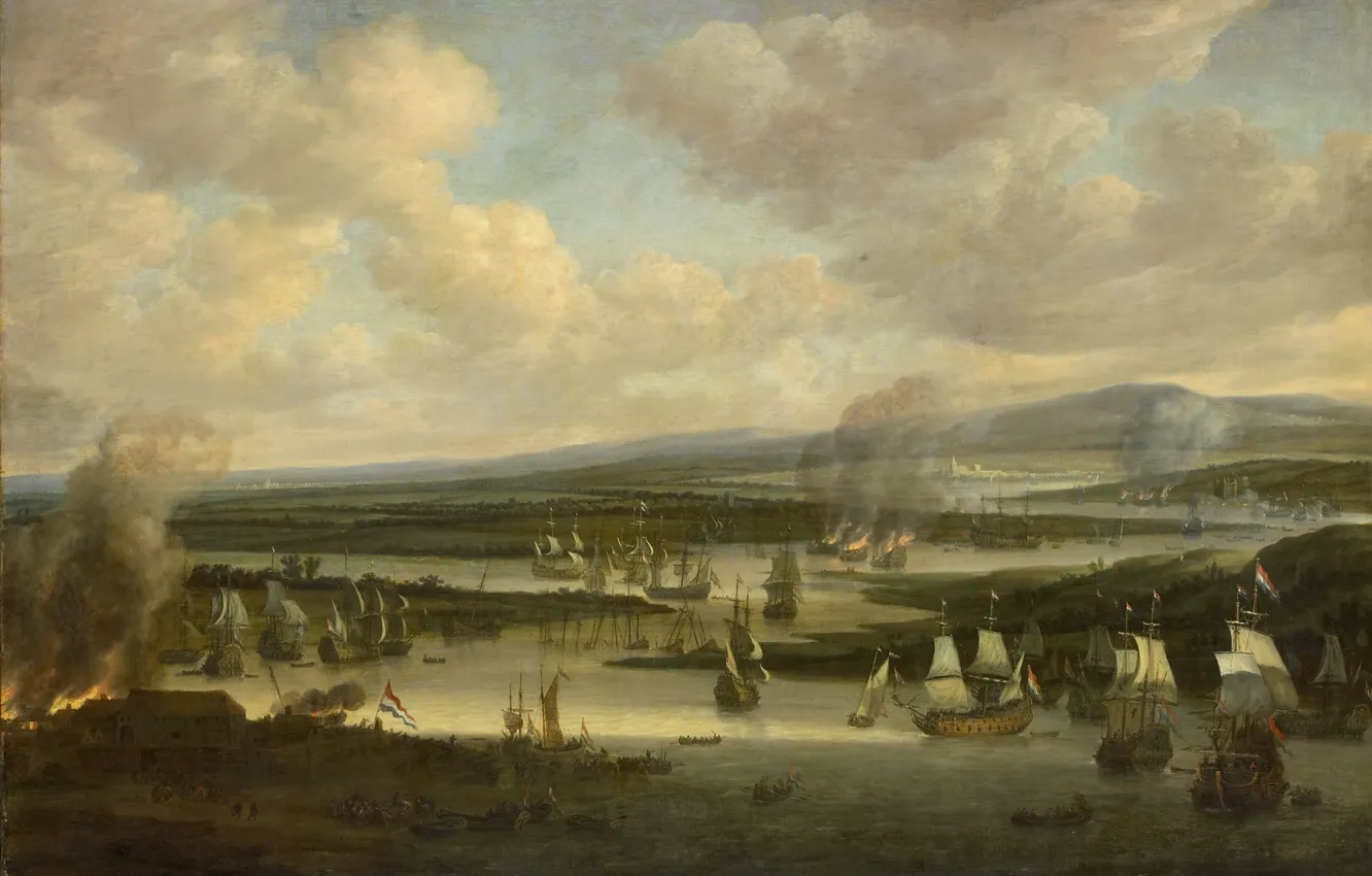 Фото обои масло, картина, холст, Виллем Шеллинкс, Сожжение Английского Флота в Чатеме