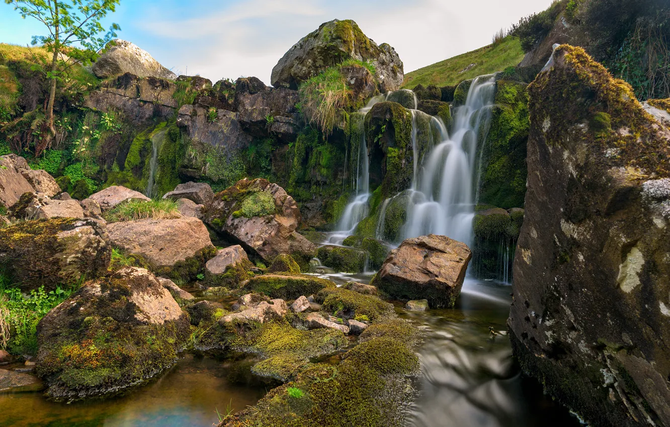 Фото обои ручей, камни, скалы, Англия, водопад, мох, Wales