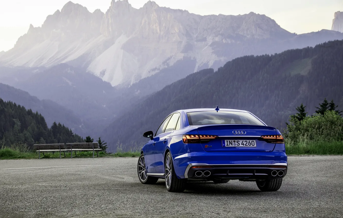 Фото обои синий, Audi, седан, вид сзади, Audi A4, Audi S4, 2019