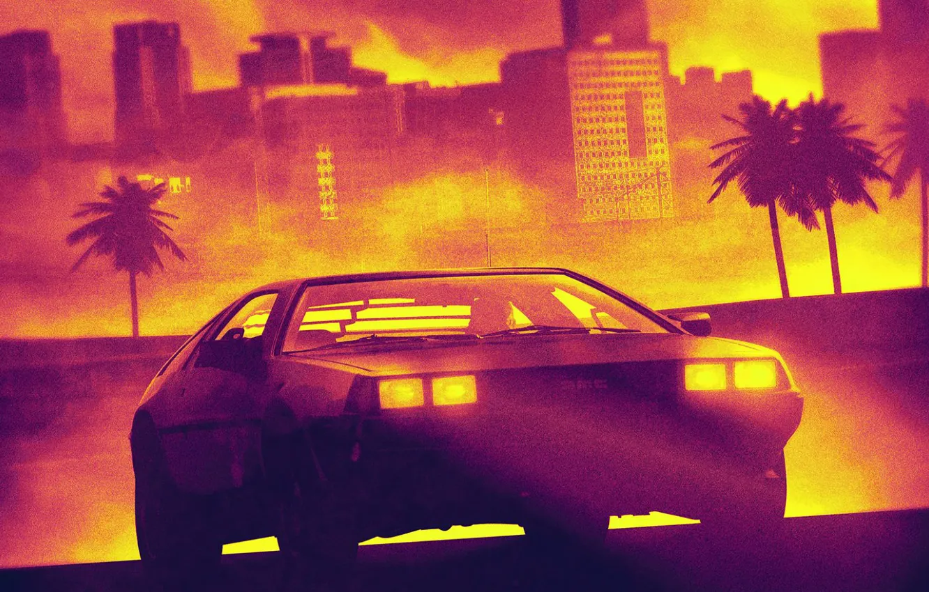 Фото обои Авто, Музыка, Машина, Стиль, City, Треугольник, DeLorean DMC-12, 80s