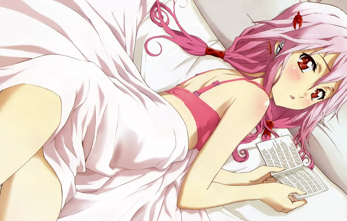 Фото обои покрывало, постель, лежит, книга, румянец, art, розовые волосы, Inori Yuzuriha