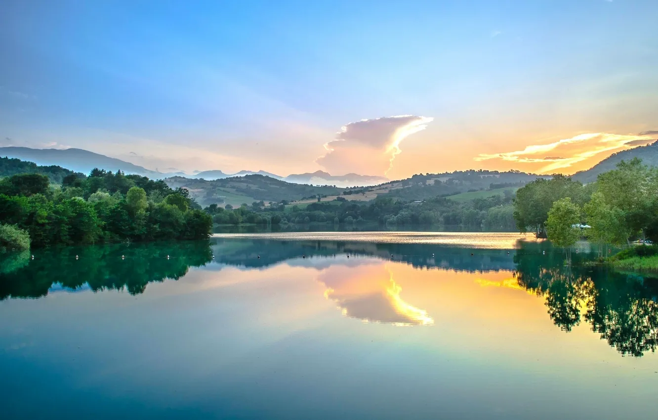 Фото обои отражение, река, рассвет, Италия, Italy, Marche, Марке