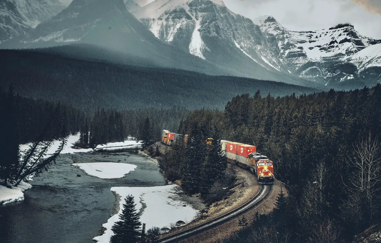 Фото обои горы, Поезд, железная дорога