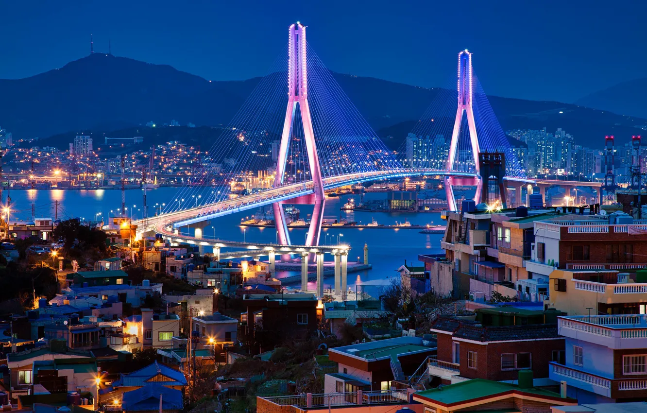 Фото обои мост, здания, дома, залив, ночной город, South Korea, Южная Корея, Пусан