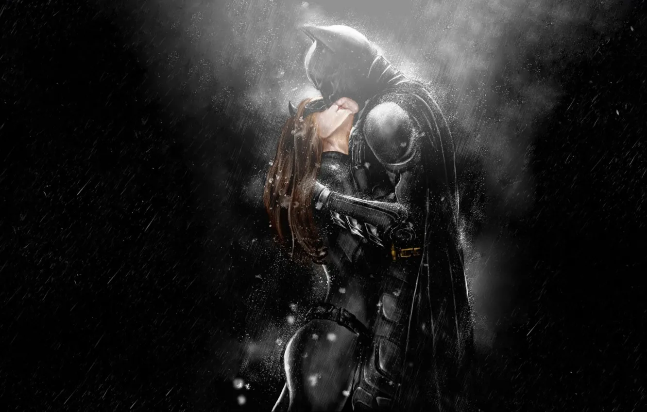 Фото обои batman, rain, dark knight rises, kissing, catwomen, art. 3D
