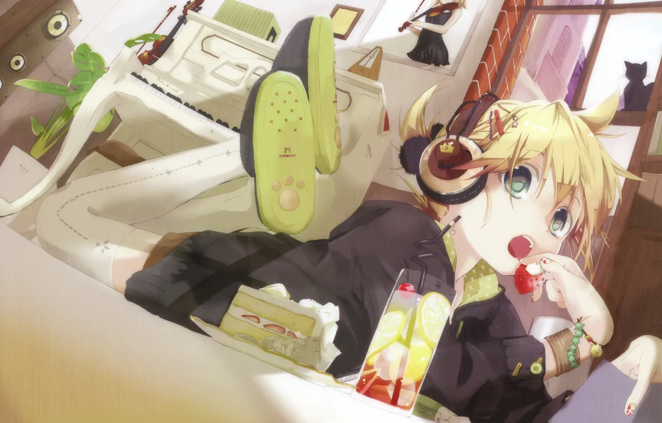 Фото обои girl, vocaloid, kagamine rin, headphones, kagamine len, hekicha