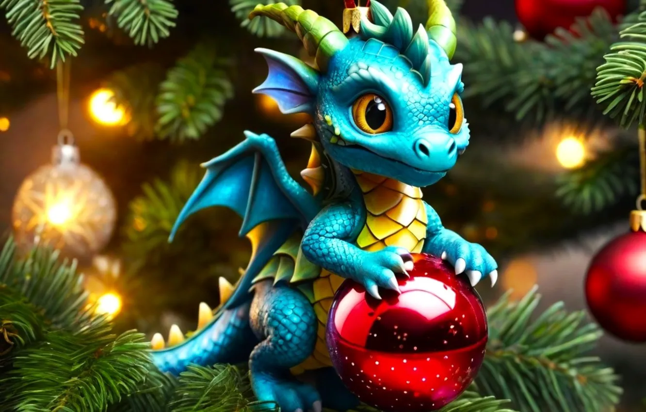 Обои дракон, Рождество, Новый год, дракончик, новогодние декорации, ИИ ...