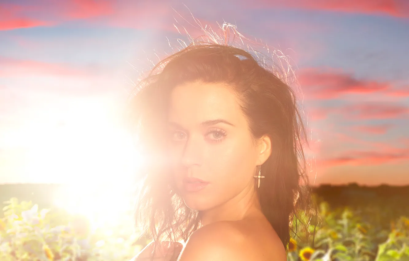 Фото обои поле, солнце, подсолнухи, Katy Perry