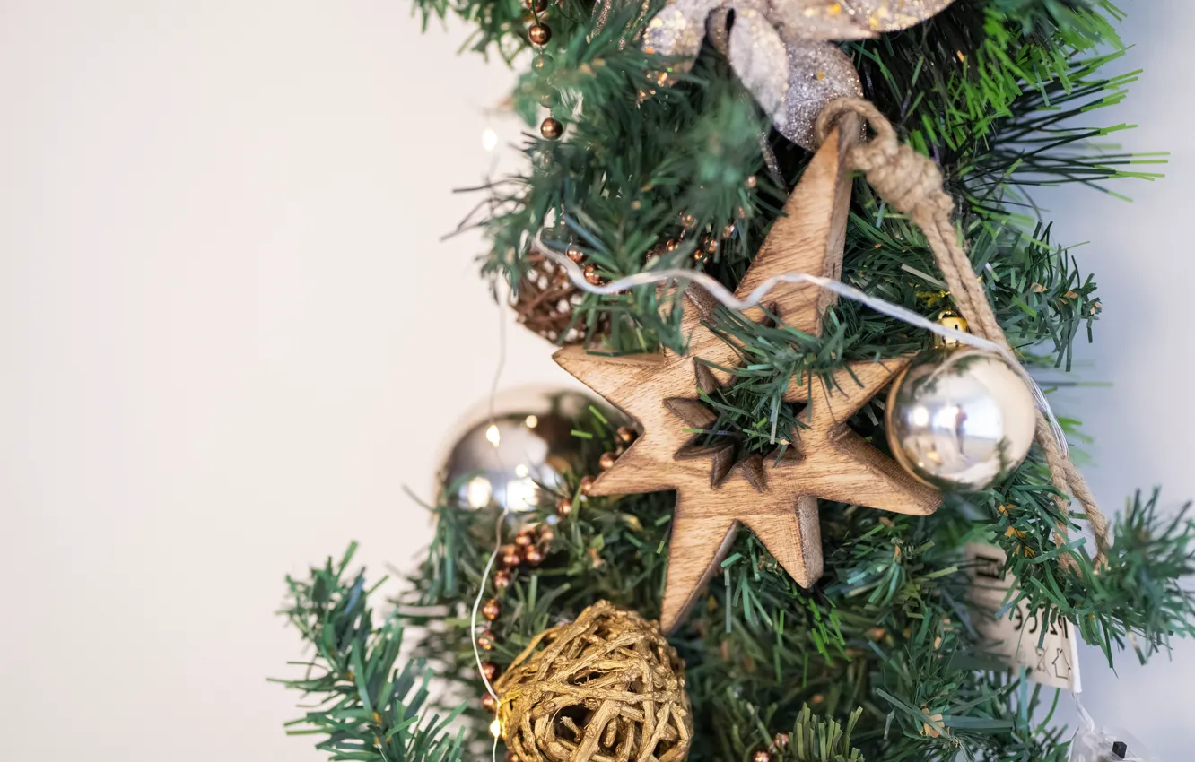 Фото обои зима, шарики, ветки, праздник, игрушки, звезда, Рождество, Новый год