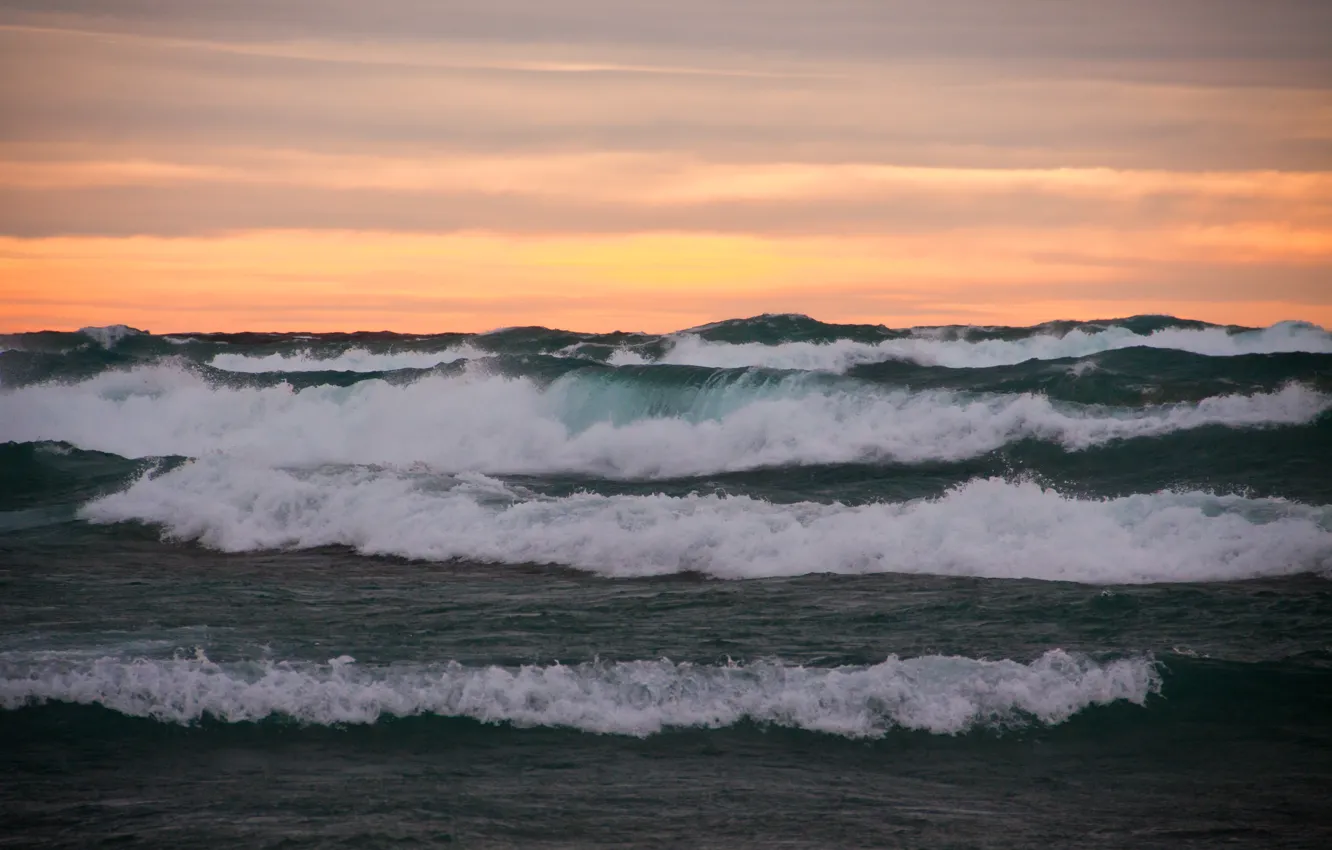 Фото обои волны, закат, Море, горизонт, waves, sea, sunset, horizon